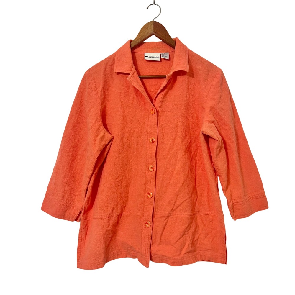 Appleseeds Womens Large Coral Orange Textured Cotton Button Up Shirt Coastal